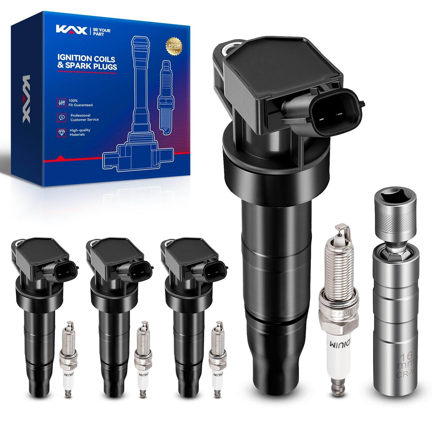 KAX Set of 4 UF647 Ignition Coil Pack & Iridium Spark Plugs w/Magnetic Socket for Optima 2011-15 2.4L 2.0T Sportage 2011-2016 2.